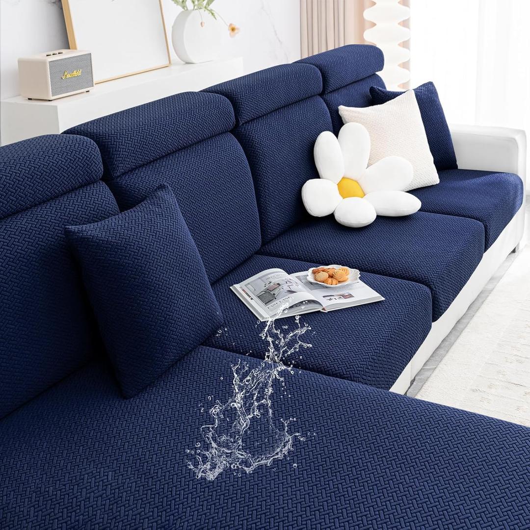 Smiry Waterproof Couch Cushion Covers, Stretch Jacquard Thick Sofa Cushion Covers, Washable Seat Slipcover Elastic Furniture Protector for Pets, Kid (Back Cover L, Navy)