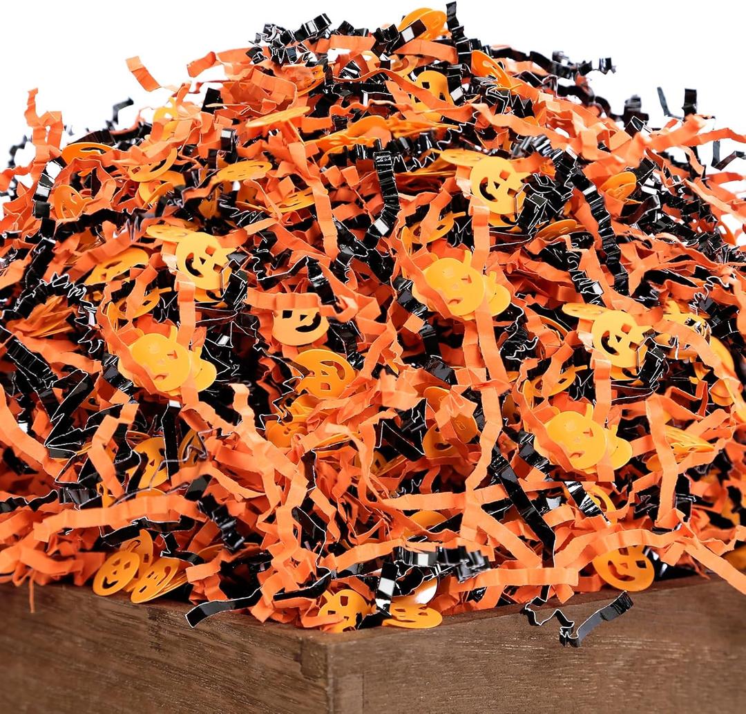 UNIQOOO 16oz Halloween Crinkle Cut Paper, Metallic Black Orange Shredded Paper Raffia Filler w/Pumpkin Confetti, Trick or Treat Candy Gift Basket Box Craft Bedding Cushion, Birthday Party Packaging