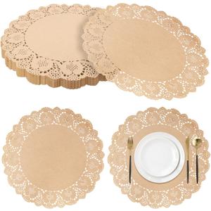 Round Kraft Paper Doilies 13.5 Inches Lace Papers Doilies Disposable Decorative Place Mats Table Pads for Food Cakes Crafts Party Weddings Tableware Decor