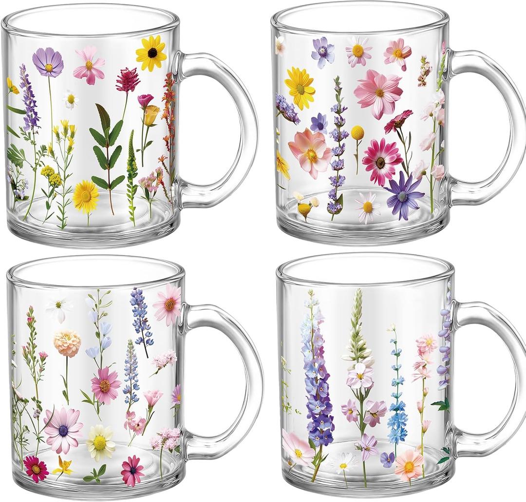 Tioncy 4 Pcs Spring Flower Coffee Mugs 12 oz Floral Glass Cups with Handle Spring Wildflower Coffee Cup Floral Mug Gifts Drinking Containers for Holiday Party