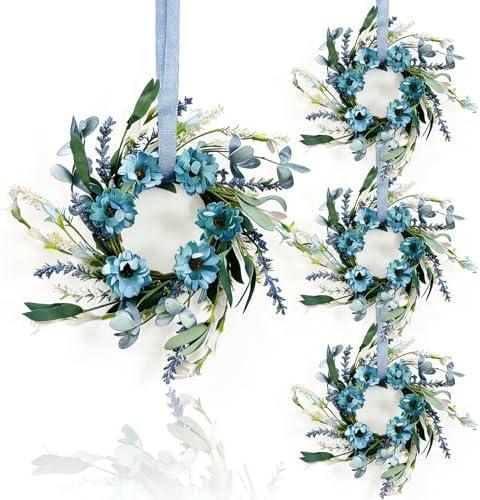 4 Pcs Small Blue Daisy Flower Hanging Wreaths for Cabinets with White Floral Eucalyptus Leaves Lavender Artificial Grains Mini Candle Rings Wreath for Home Front Door Farmhouse Coastal Blue Porch
