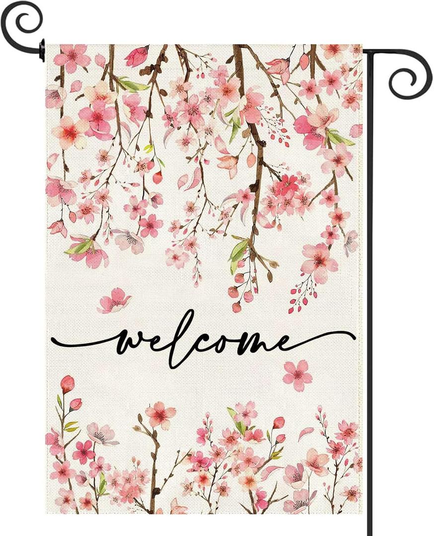 Baccessor Spring Summer Welcome Garden Flag 12.5 x 18 Inch Double Sided Burlap Pink Floral Cherry Blossom Farmhouse Small Yard Flag Summer Holiday Seasonal Outdoor Outside Decoration