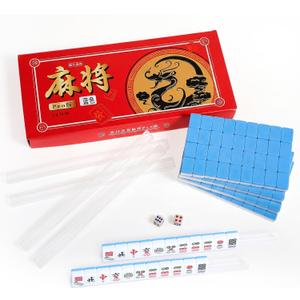 Miniature Chinese Mahjong Game Set 144 Standard Mini-Tiles Board Game Portable Travel with Traveler Size Carrying Case Dices Clear Holder for Outdoor Gift Enthusiast Family (Blue)