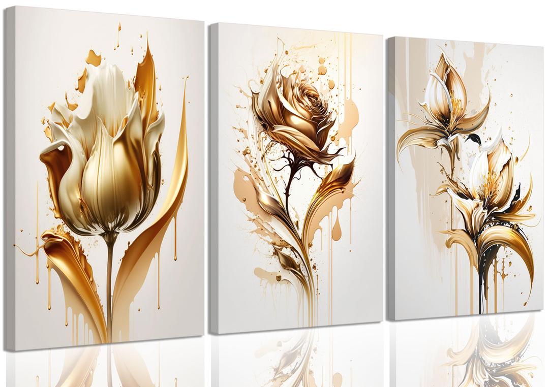 3Pcs Golden Rose Flower Canvas Wall Art Golden Floral Picture Wall Decor Modern Elegant Plant Poster Print for Living Room Bedroom Bathroom Office Artwork Home Decoration