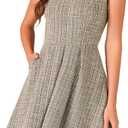 Allegra K Plaid Tweed Dress for Women's 2025 Fall Round Neck Cap Sleeve A-Line Vintage Pleated Dresses (Medium)