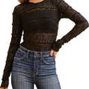 Essrite Womens Slim Fit Lace Mesh Top Crew Neck Long Sleeve See Through Shirt Blouses Tops Fall Outfits 2026 (Black, XL)