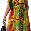 FANDEE Plus Size Dresses, Women Summer Casual V Neck Short Sleeve A-Line Cocktail Shirt Midi Dress with Belt and Pockets (Green Geo Print), Size: 4X-Large