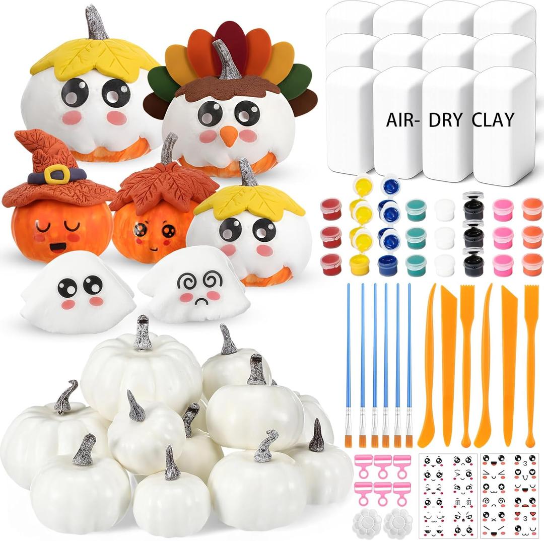 Amyhill DIY Thanksgiving Fall Pumpkin Painting Kits Craft Pumpkins with Air-Dry Clay to Paint Acrylic Paint Brush Palette Craft Kits for Halloween Thanksgiving Fall Favors Decor(Medium,24 Pcs)