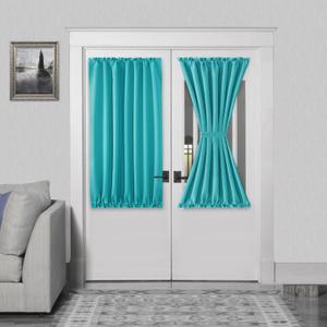 Short Sheer Door Curtains Closet Linen Textured Curtains Sheer Doorway Light Filtering Voile Patio Door Rod Pocket Curtain French Door, 54 x 40 inches Long, Teal, Set of 3 Panels