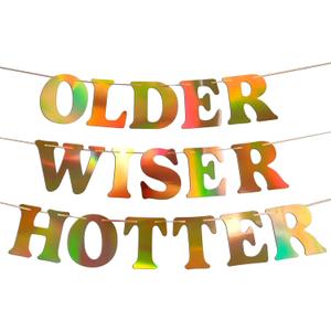 HOUSE OF PARTY Older Wiser Hotter Happy Birthday Banner  Funny & Sassy Birthday Party Decorations for Adults | Holo Gold Glitter Birthday Sign for Women Men, Bday Party Supplies