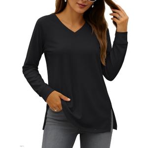 YUCOLEN Long Sleeve Shirts for Women Loose Fit V Neck Side Split Basic Casual Blouses Tunic Top to Wear with Legging (Large, Black)