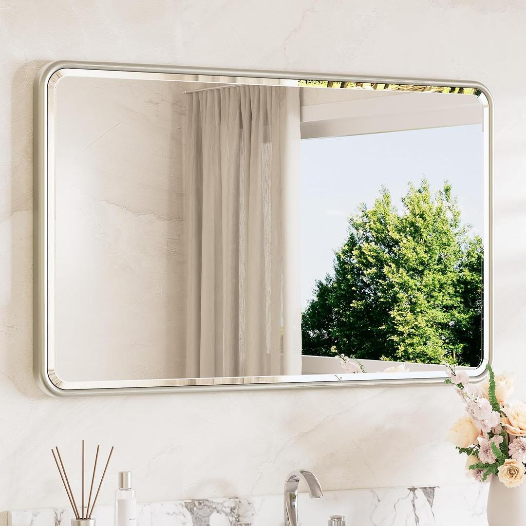 TETOTE Brushed Nickel Vanity Mirror for Bathroom 40 x 24 Beveled Edge Tempered Glass, Rounded Corner Rectangle Wall Mirror for Modern Bathroom, Living Room, Bedroom, Entryway