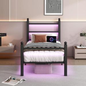 CLIBFENG Twin Bed Frame with Headboard and Footboard,Steel Slats Support-LED Bed Frame with USB Charging Station,Mattress Foundation-Under Bed Storage,No Box Spring Needed,Noise Free,Black, Size: Twin, 75"L x 54"W x 35.5"H
