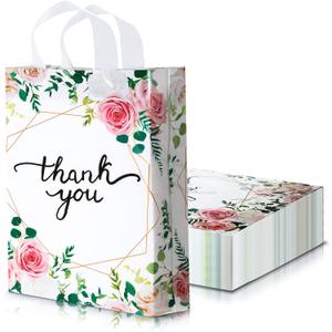Frienda 11.8 x 15 Inch Floral Thank You Bags Bulk 100pcs Large Merchandise Retail Plastic Shopping Bags with Handle for Shopping Present Wrapping, 2.76 Mil Thick