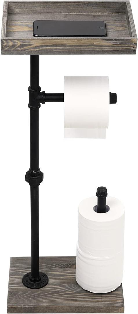 MyGift Vintage Gray Wood and Industrial Metal Pipe Freestanding Toilet Paper Roll Holder Dispenser Stand with Reserve Storage and Top Shelf Tray