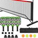 Pickleball Set with Net and Paddles, 4 Player Set, Brown Wooden Paddles, 22FT Portable Net, 6 Balls, 4 Ball Retrievers, 4 Replacement Grips