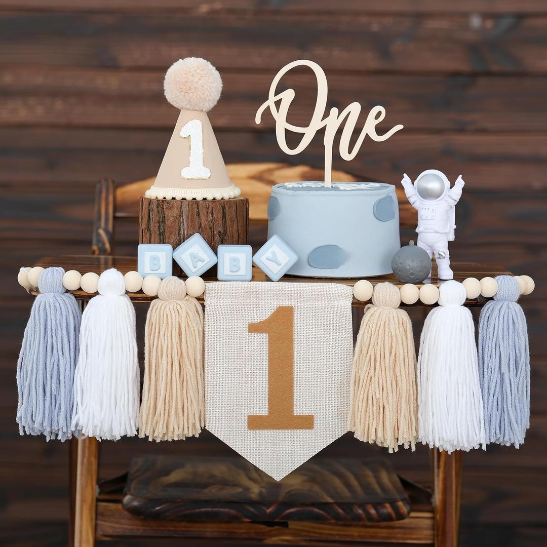 1st Birthday Highchair Banner Decorations For First Boys Khaki Cone Hat With One Cake Topper Photo Backdrop