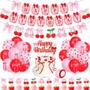 K KUMEED Cherry Birthday Decorations,Cute Happy Birthday Cherry and Bow Banner,Summer Fruit Cherries Party Supplies Cake Topper Latex Balloons for Birthday Party Decorations