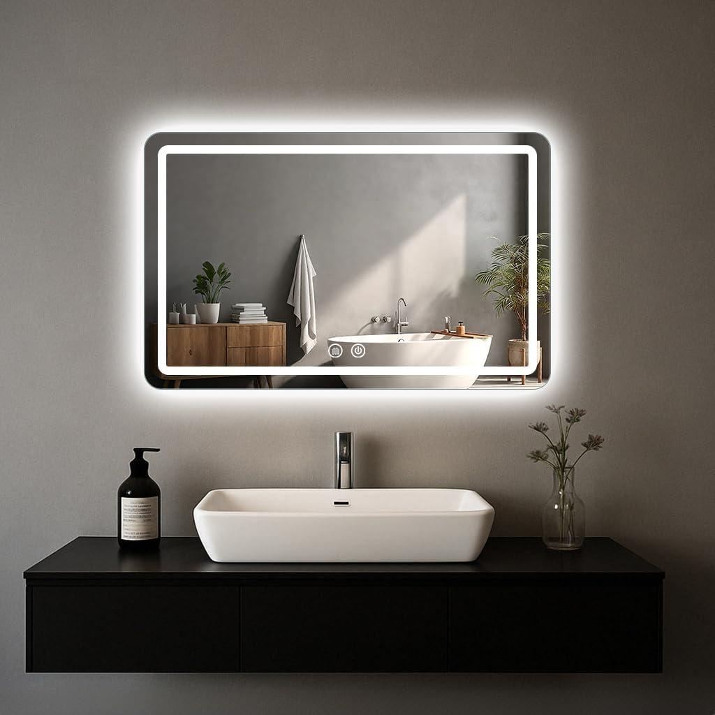 LED Bathroom Mirror, 36 x 24 Inch Anti-Fog Wall Mirror with Lights Stepless Dimmable, Lighted Bathroom Mirrors for Wall, Rectangle Bathroom Vanity Mirror with Front and Backlight, Horizontally Only