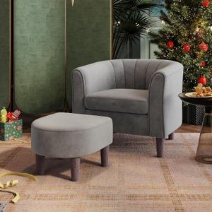 LINSY Accent Chair with Ottoman, Modern Armchair Comfy Barrel Reading Chair with Footrest for Living Room Bedroom Reading Room, Velvet, Light Grey, Large