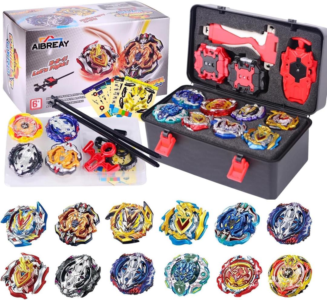 AIBREAY Burst Gyro Toy Set, 12 Spinning Battling Tops, 3 Launchers and 1 Grip, Blade Combat Battle Game with Portable Storage Box, Starter Pack Gift for Kids Children Boys Ages 6+