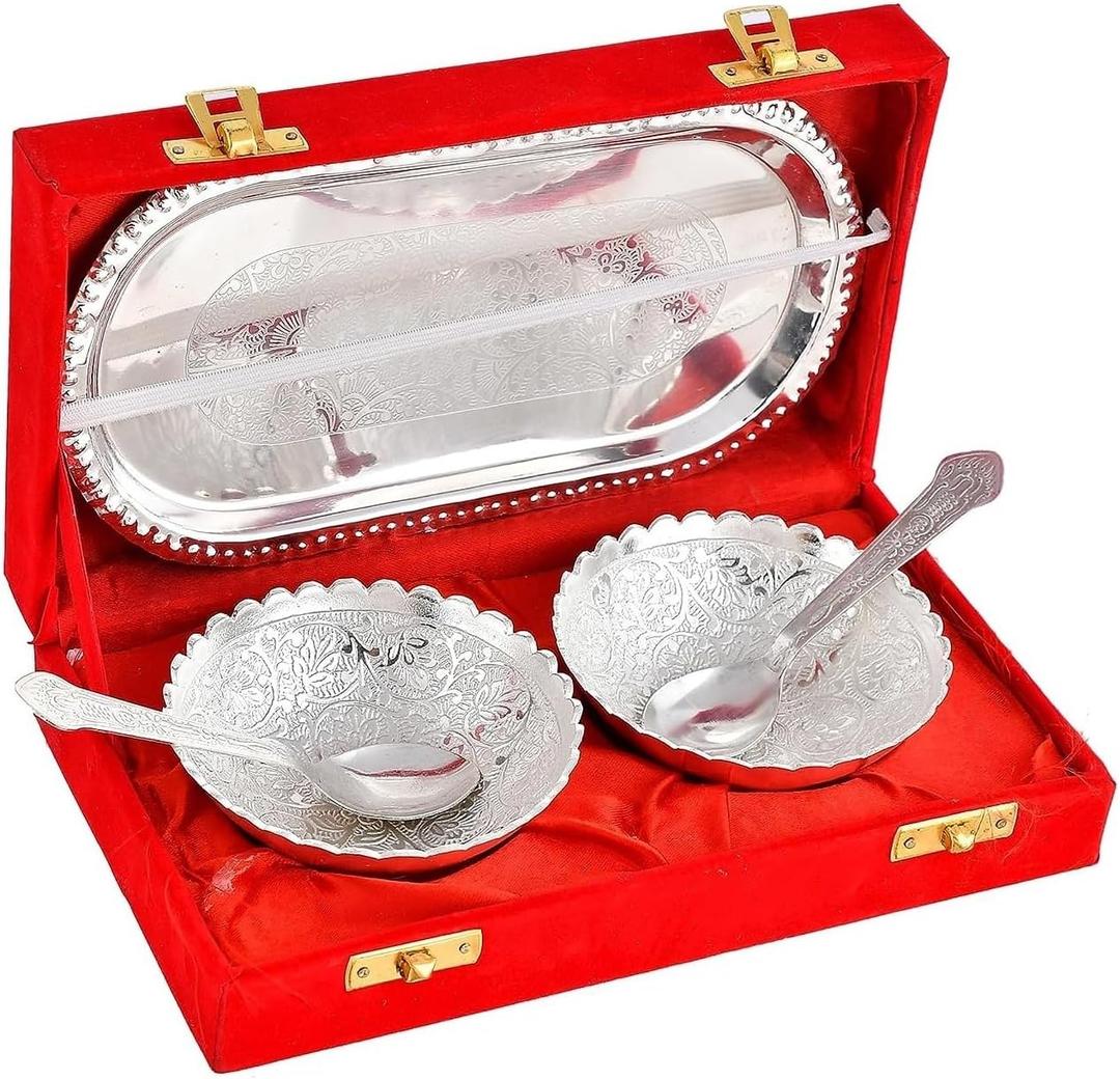NOBILITY Bowl Spoon Tray Set Silver Plated Dry Fruits Dessert Serving Set Diwali Christmas Eid Wedding Return Gifts Friends Family Home Decorative Housewarming Corporate Gift items