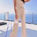 BTFBM Women Jumpsuits Crew Neck Ruffle Cap Sleeve Belted High Waist Wide Leg Romper with Pockets One Piece Casual Outfits (Beige, XXL)
