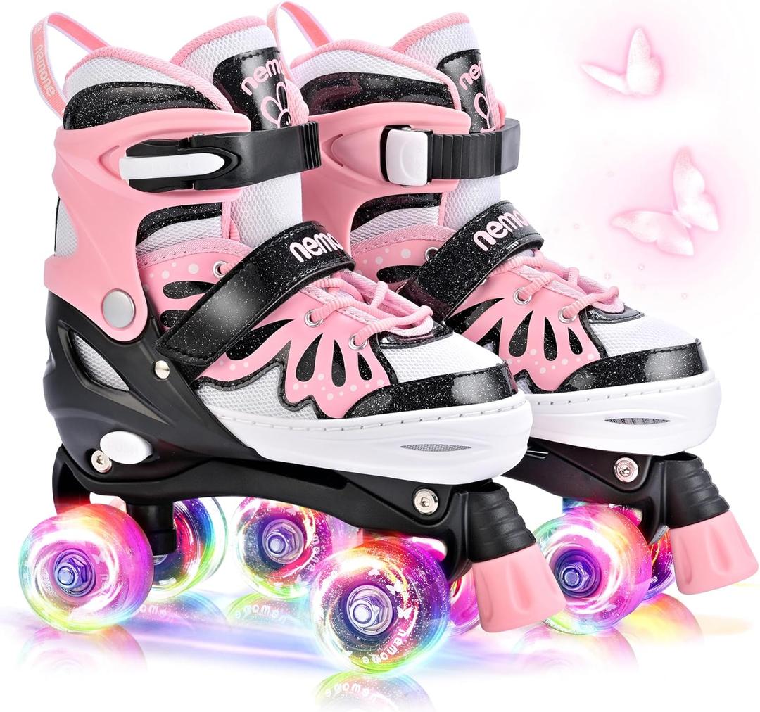 NEMONE Mermaid 4 Size Adjustable Light up Roller Skates for Girls, Purple Blue Skates for Toddlers, Beginner Kids Butterfly Roller Skates Indoor Outdoor (Medium - Big Kid) 32-36