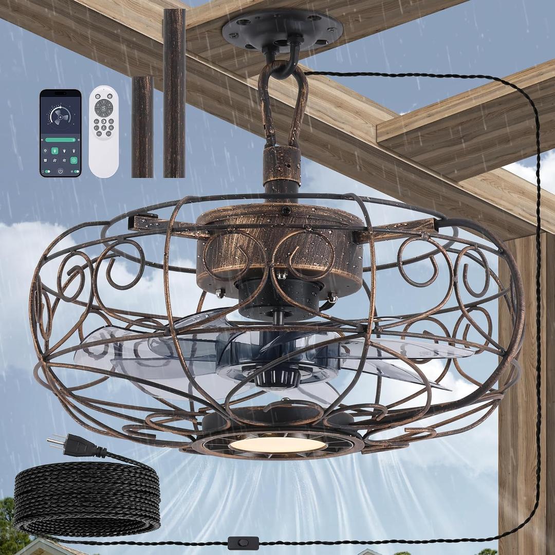 Outdoor Fan for Gazebo, 15" Plug in Caged Gazebo Ceiling Fans,Remote/APP,3 CCT,6 Speeds,Hanging Fan with Light for Patio Porch Pergola Outside (Bronze)