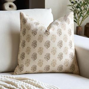 Floral Vintage Throw Pillow Covers 20x20 Pillow Cover Block Print Decorative Cushion Covers Farmhouse Neutral Accent Home Dcor for Sofa Couch Living Room Bedroom, 1PC, Cognac Brown