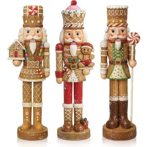 3 Pcs Gingerbread Nutcracker Figures Christmas Resin Nutcracker Figurines Holding Christmas Cookies, Gingerbread Men and Candy, Soldier Xmas Centerpieces Decor for Winter Table Party Favors