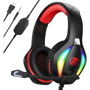 Fachixy FC100 Gaming Headset with Microphone for PS4, PS5, Switch, Xbox, PC, Mac, Gamer Headset with RGB Light, Computer Headphones with Mic (RED)