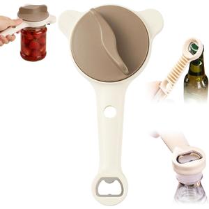 Upgraded 4-in-1 Multi-Functional Jar & Bottle Opener (1-3.5inches), Magnetic Stainless Steel Can Opener with Retractable Adjustable Grip, Extended Ergonomic Handle for Easy Opening, Beige (1 Pack)