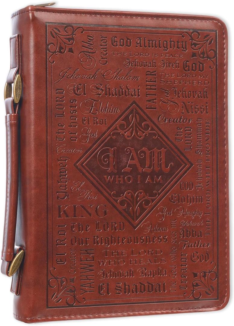 Christian Art Gifts Men's Classic Bible Cover Names of God Exodus 34:6, Brown Faux Leather, Large