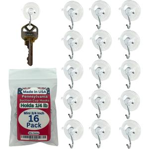 16-Pack Mini 3/4 inch (Made in Pennsylvania) Heavy Duty Suction Cup Hooks for Glass Windows. for Signs Holiday Ornaments Suncatchers (Holds  Pound)