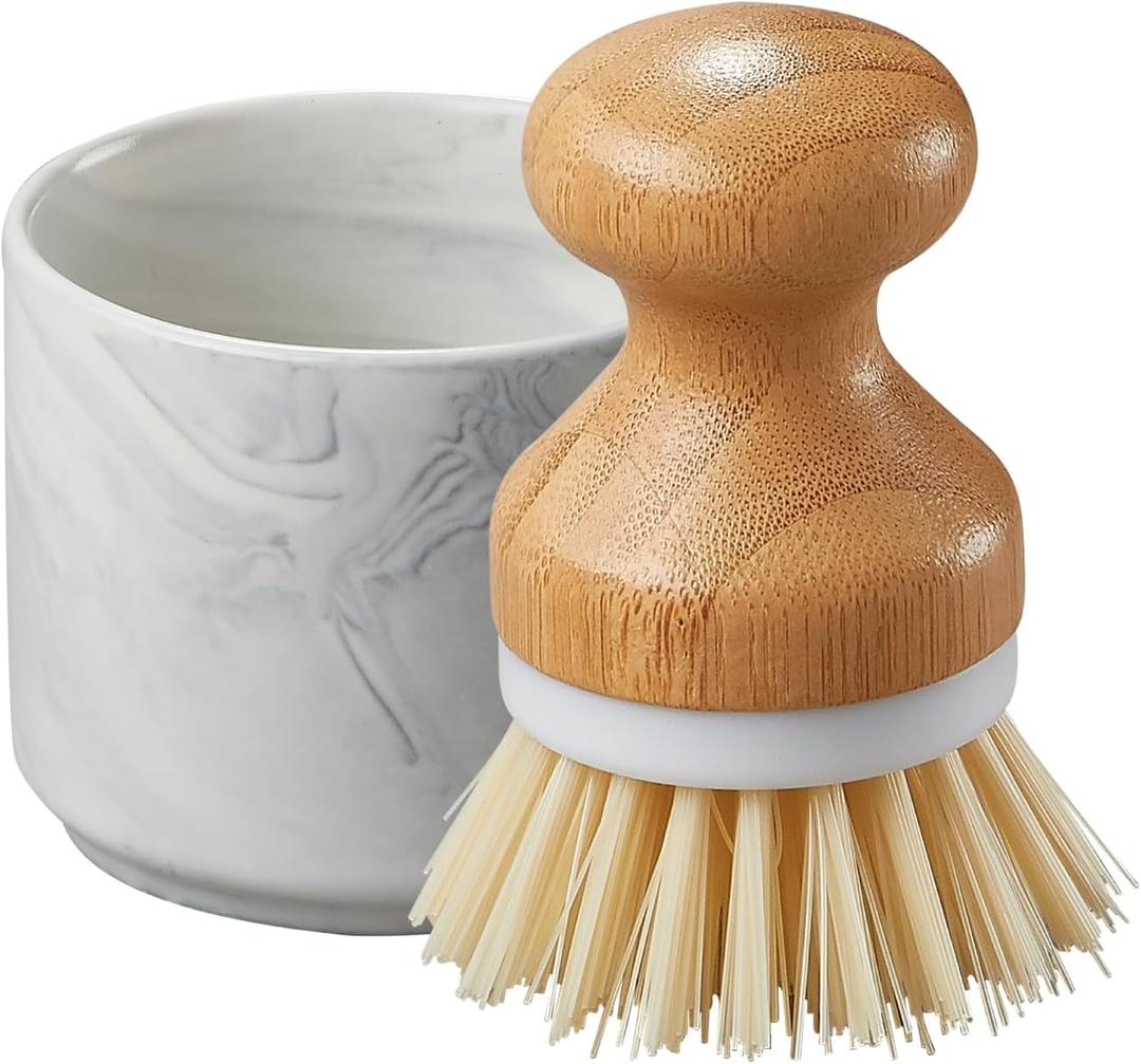 ONEMORE Bamboo Dish Brush with Ceramic Foaming Base, Kitchen Sink Scrub Brush Set with Spring and Mesh Insert, Wooden Handle Dishwashing Brush for Pots Pans Plates Bowls, Marble