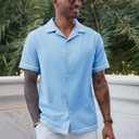 Runcati Mens Short Sleeve Shirt Button Down Casual Cuban Linen Shirts Summer Beach Vacation Tops Sky Blue (Blue, XXL)
