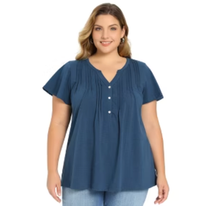 Plus Size Women's Work Tops Button Notch V Neck Shirt Ruffle Sleeve Dressy Casual Summer Blouse, 1X