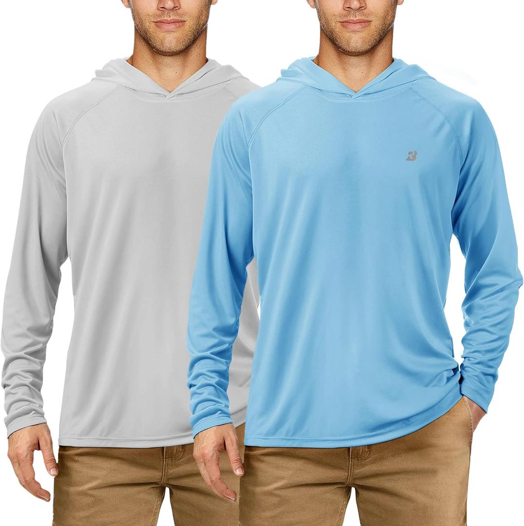 Roadbox UPF 50+ Fishing Shirts for Men, Long Sleeve UV Sun Protection Hoodie, Outdoor Hiking Running Swimming Rash Guard (Large, 2 Pack-light Blue+gray)