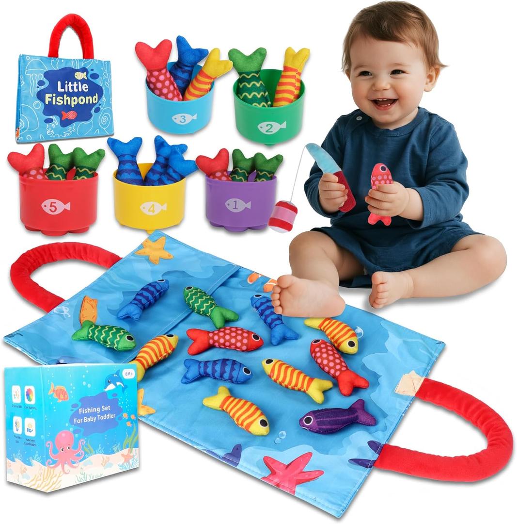TenFans Montessori Fishing Toy for Babies 6-18 Months, Soft Cloth Ocean Sensory Toy with Stacking Cups & Color Sorting, Early Learning Toy, First Birthday Gift for Boys Girls