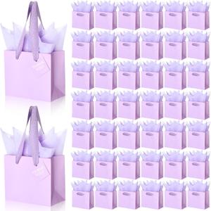 Zhanmai 100 Pcs 4.7 x 2.4 x 3.9 Inch Mini Gift Bags Bulk with Tissue Paper Kraft Paper Bag with Handle Gift Tag for Birthday Party, Halloween, Thanksgiving, Christmas, Wedding Showers (Light Purple)