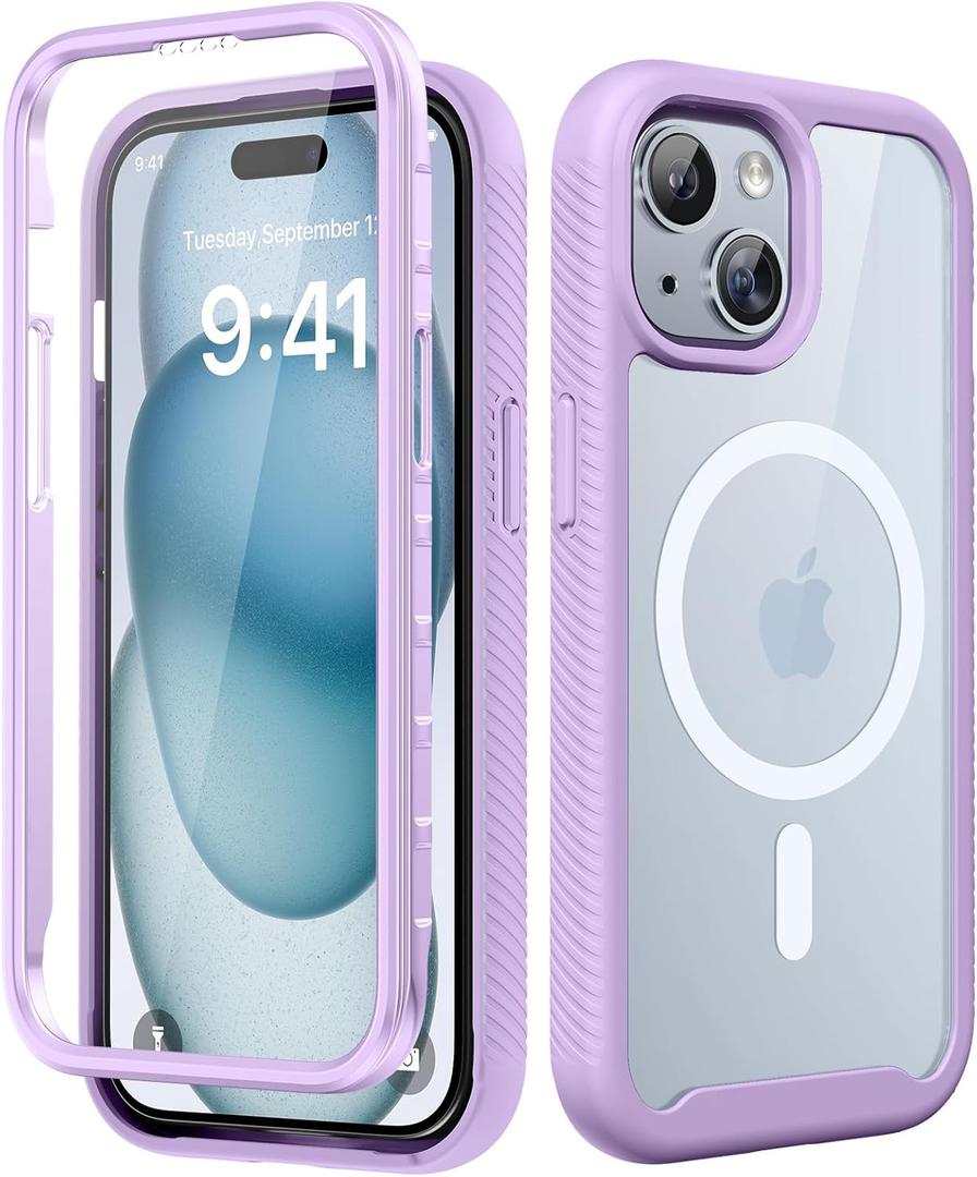 Magnetic for iPhone 15 Case with Built-in Sensitive Screen Protector, Full-Body Dual Front & Back Protective Phone Case [Compatible with MagSafe] Drop Proof 15 Cover 6.1 Inch, Purple