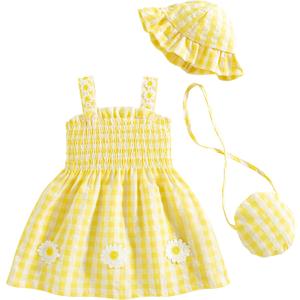 Renotemy Baby Girl Dress 12-18 Month Girls Clothes Summer Outfits Beach Birthday Party Dresses 1 Year Old Girl Gifts Yellow Floral Daisy Smocked Cotton Sundress Baby Clothes for Girls with Hat and Bag
