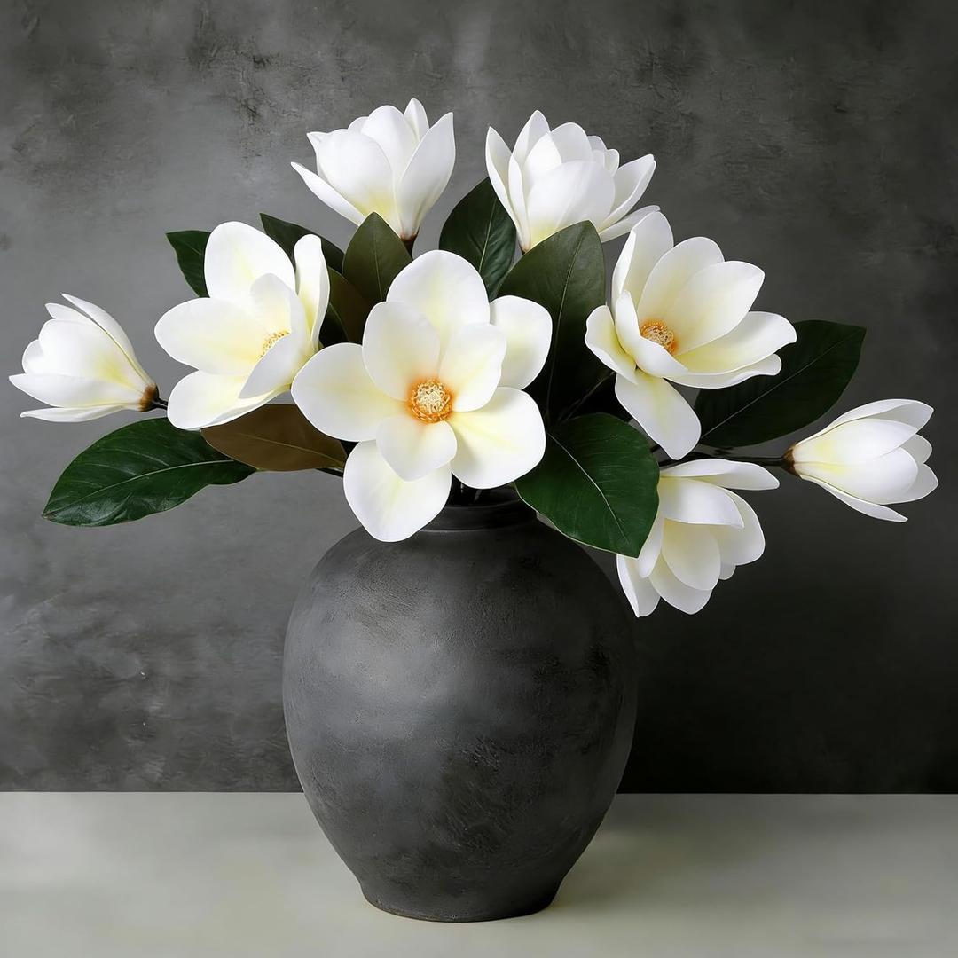 YLOLUL 6 Pcs Artificial Magnolia Flowers Stems White Magnolia Long Stem Flower Faux Creamy Grandiflora Buds with Green Leaves for Tall Vase Realistic Table Centerpiece Indoor Decoration