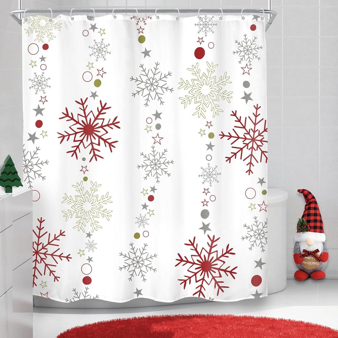 Christmas Shower Curtain 72Wx72L Inch Winter Snowflake Merry Xmas Cute Snow Bathroom Set Red Grey Snowflakes Happy New Year Snowy Holiday Kids Bath Curtain Bathtub Accessories Home Decor
