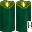 VEEKI Flameless Candles Light, Set of 2 6"x3" Flickering Christmas Flameless Candles with Remote & Timer, Dimmable Real Wax Pillar Candles Battery Operated, Green Candles for Home Xmas Decor (Green)