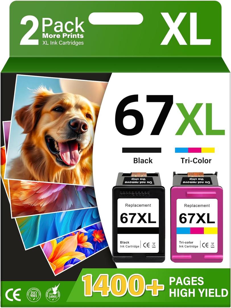 67XL Printer Ink Compatible for HP Ink 67 Replacement for HP67 67XL Ink Cartridges Black/Color Combo Pack Fit for DeskJet 2855e 2827e 4255e 2800e 2700e 2755e 4155e Envy 6000 6055e 6400 6455e Printer (2 Pack)