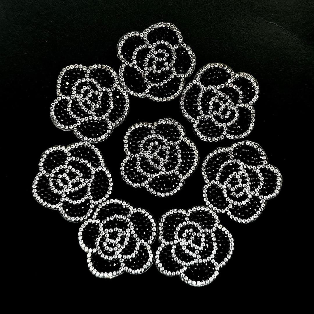 Lot of 8 Bling Rhinestones Camellia Flower Iron on Patches, Heat Transfer Bedazzled Appliques Craft DIY Garment Decoration Accessories