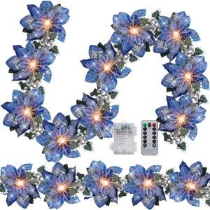 Zubebe 2 Pcs Prelit Poinsettia Christmas Garland with String Lights Glitter Holly Leaves Berries Remote Timer 8 Modes 6.5 ft Lighted Flower Garland Battery Operated Indoor Outdoor Decor (Navy Blue)