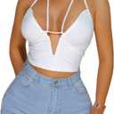 SOLY HUX Women's Tie Backless Halter Crop Top Y2k Cut Out Deep V Neck Party Rave Tops (White, M)